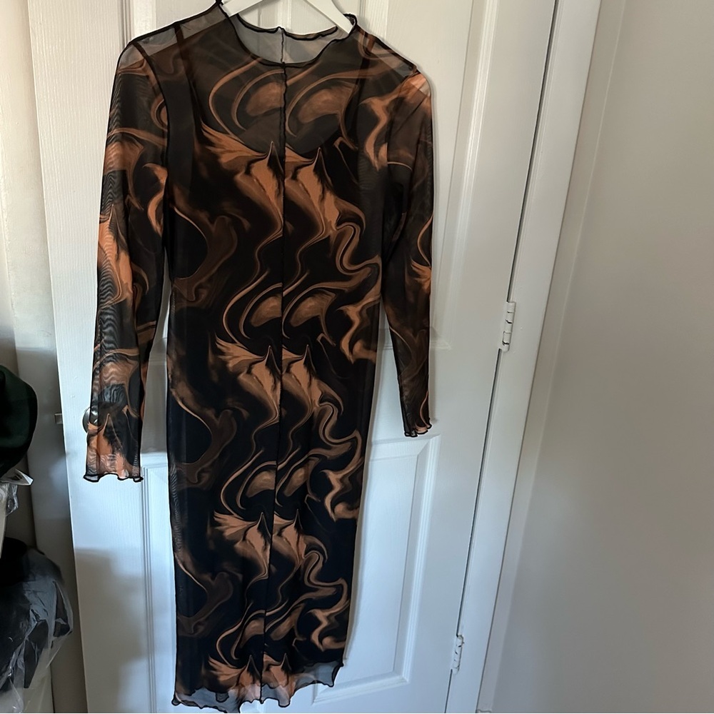 Orange and Black Long Sleeve Midi Dress